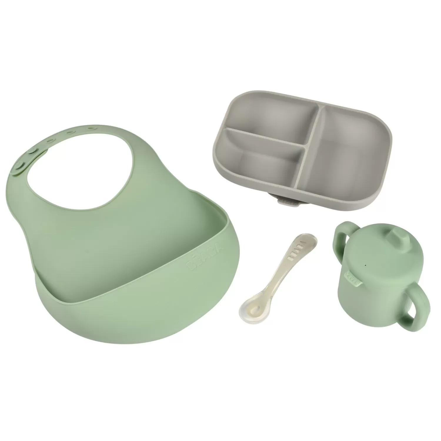 Goûter Sain | Couverts Vaisselle Et Bavoirs | BÉABA Coffret repas silicone Les essentiels Gris/Vert sauge Velvetg/sgree