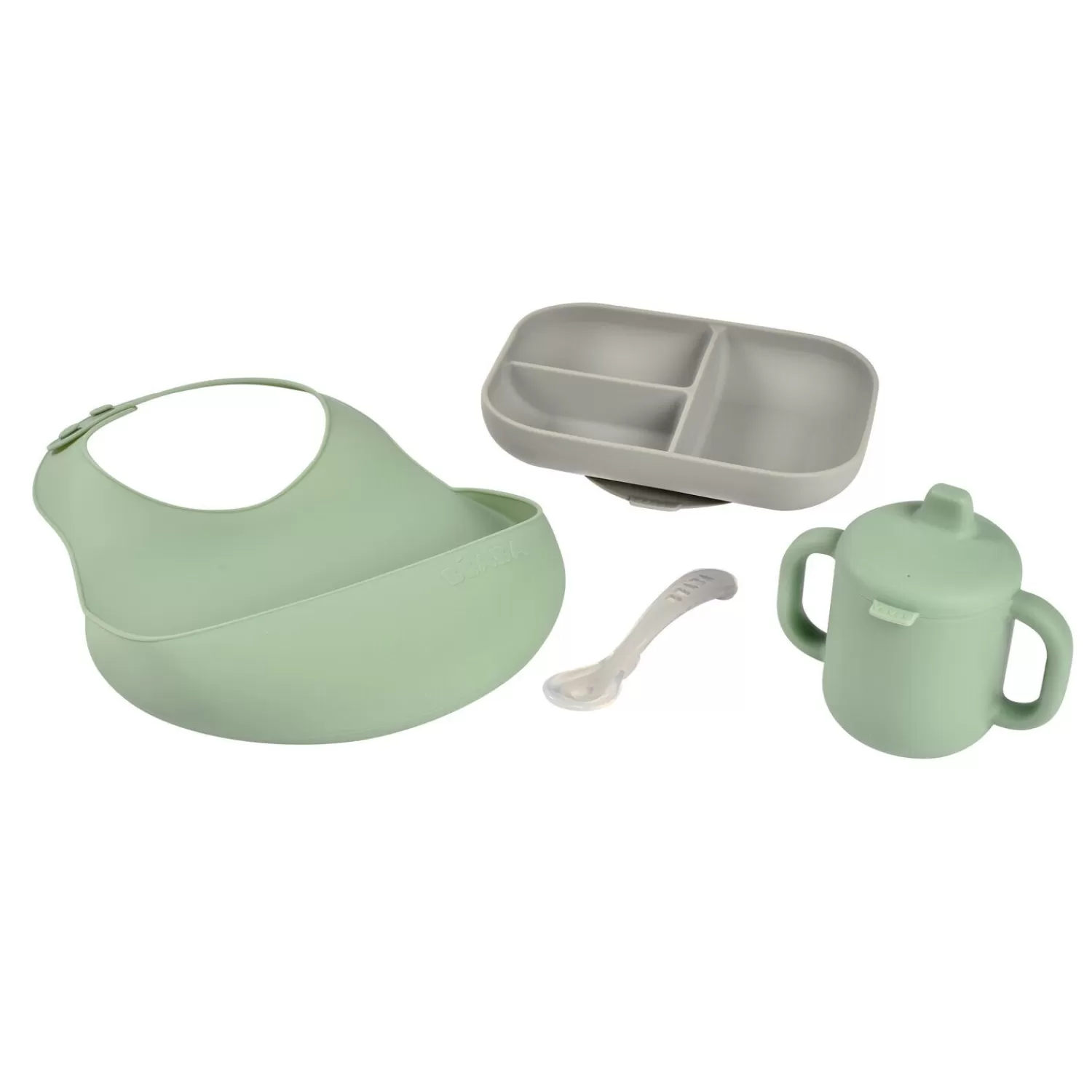 Goûter Sain | Couverts Vaisselle Et Bavoirs | BÉABA Coffret repas silicone Les essentiels Gris/Vert sauge Velvetg/sgree