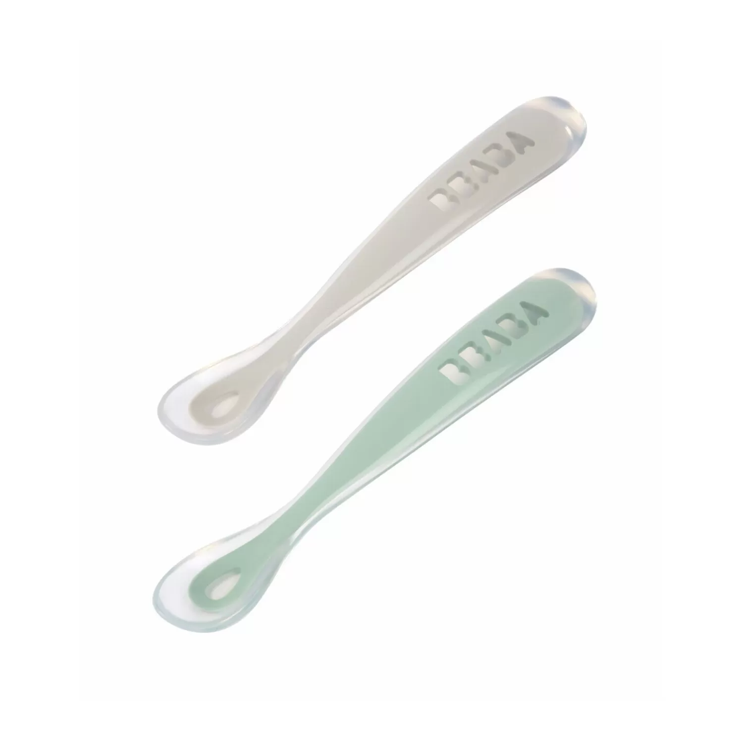 Couverts Vaisselle Et Bavoirs | BÉABA Lot 2 cuillères 1er âge silicone avec boite de transport Vert sauge/Gris velours Windyblue
