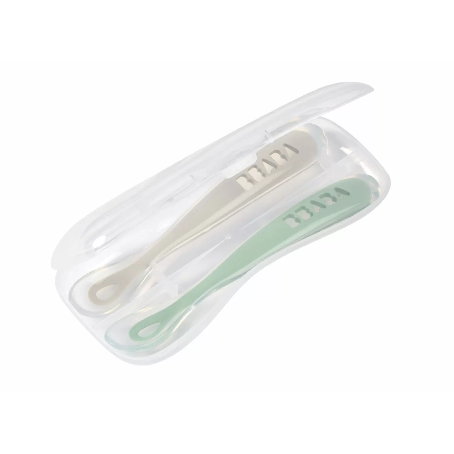 Couverts Vaisselle Et Bavoirs | BÉABA Lot 2 cuillères 1er âge silicone avec boite de transport Vert sauge/Gris velours Windyblue